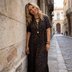 Sumoravibe - Abito lungo da donna con scollo a V e stampa leopardata