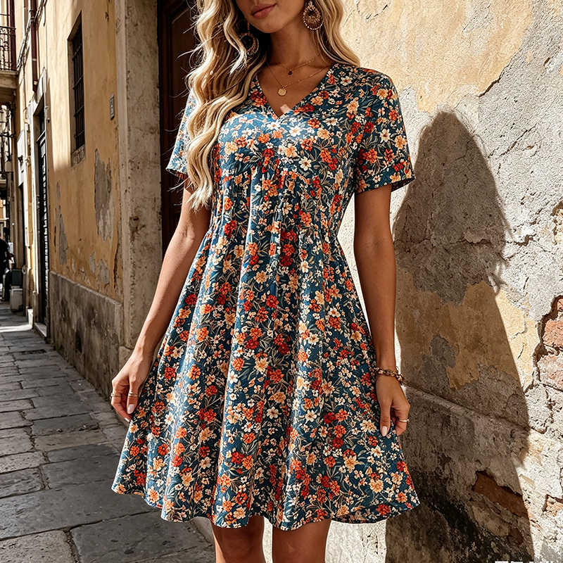 Sumoravibe - Abito estivo da donna con fantasia floreale, scollo a V e maniche corte.
