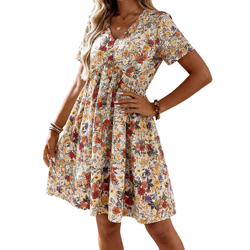 Sumoravibe - Abito estivo da donna con fantasia floreale, scollo a V e maniche corte.
